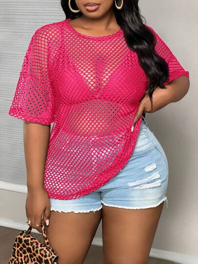 Slaydiva Plus Size Spring/Autumn Casual Street Sheer Loose Crop Sleeve Round Neck Regular Fit Long T-Shirt