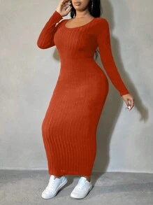 SHEIN SXY Plus Size Solid Color Sweetheart Collar Long Sleeve Casual Long Dress - Rust Brown - View 5