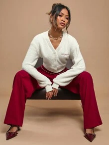 COSMINA Cárdigan de mujer de lana con bordado vintage, color beige, para otoño/invierno