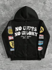 Manfinity EMRG 男士休闲日常字母印花拉链连帽衫，秋季