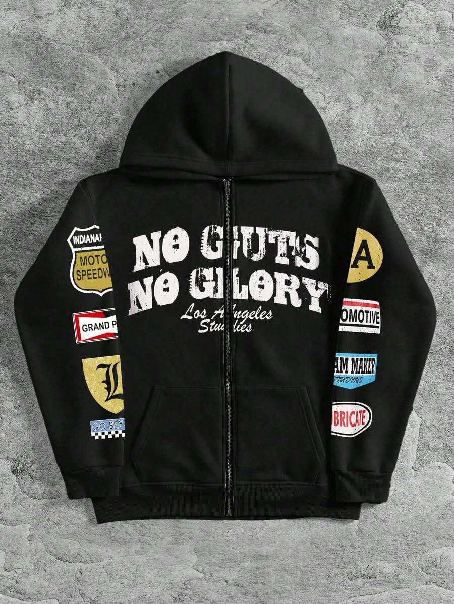 Manfinity EMRG 男士休闲日常字母印花拉链连帽衫，秋季