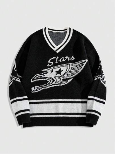 Prep Men's Solid Color Patchwork Long Sleeve Graphic Pattern Minimalist Casual Pullover Sweater