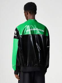 ROMWE MEN Street Life Men's Racing Autumn Letter Print PU Leather Long Sleeve Casual Racing Jacket, Green - Green - View 3