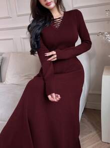 Feyla Women Long Sleeve Midi Sweater Dress, Solid Color, Fitted In Fall/Winter - Burgundy - View 6