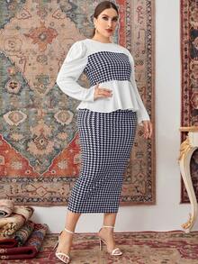 Mulvari Ensemble 2 pièces grande taille femme élégant, Top peplum et jupe crayon à imprimé pied-de-poule, automne - Bleu et Blanc - Voir 1