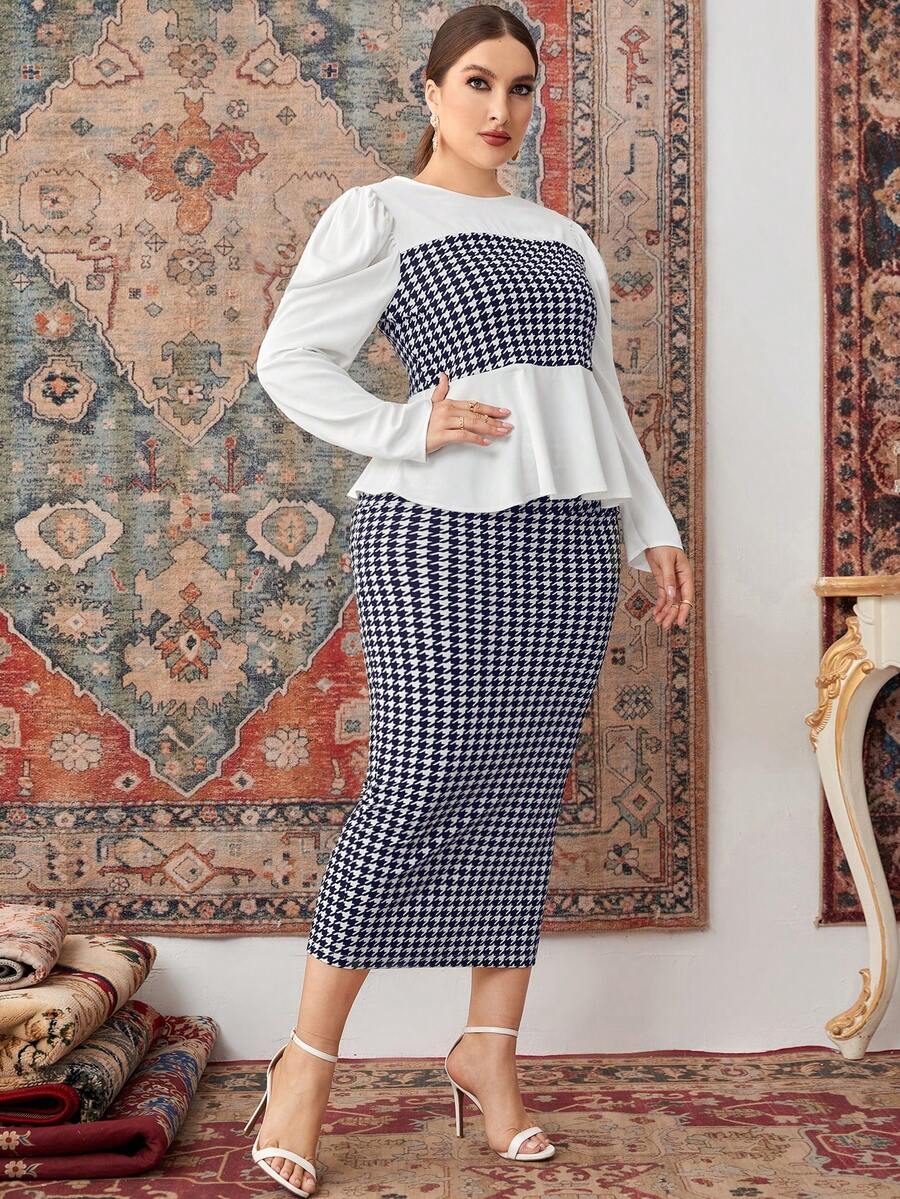 Mulvari Ensemble 2 pièces grande taille femme élégant, Top peplum et jupe crayon à imprimé pied-de-poule, automne - Bleu et Blanc - Voir 1