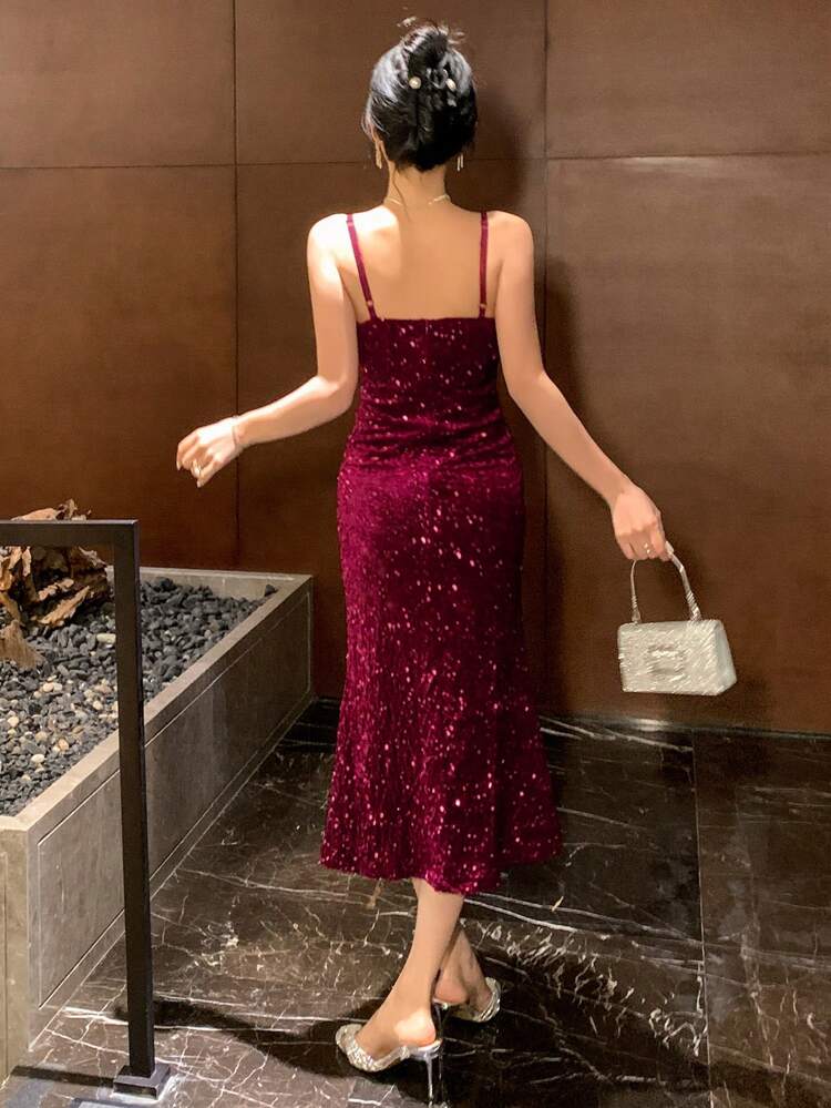 Vestido midi con abertura alta y lentejuelas para mujer, adecuado para vacaciones, citas, noches de fiesta, vestido de graduación, vestido de fiesta, vestido de verano, vestido de graduación de lujo rojo, vestido elegante de Navidad para mujer, vestido brillante