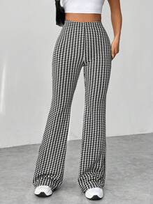 SHEIN Unity Black And White Houndstooth Pattern Flare Pants Fall Cloth For Women - Black and White - View 3