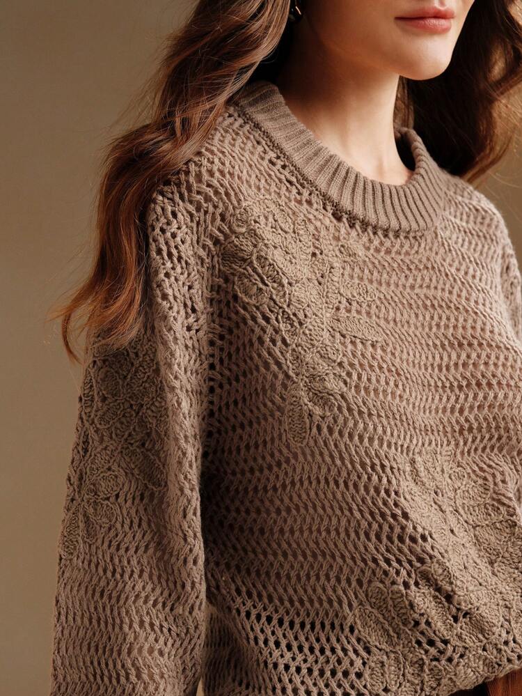 Perforated Pattern Knit Casual Oversized Sweater Knit Pullover Fall Winter