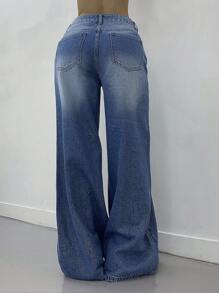 DAZY 女士休闲破洞阔腿牛仔裤，宽松低腰牛仔裤 - 中等水洗藍 - 查看 5