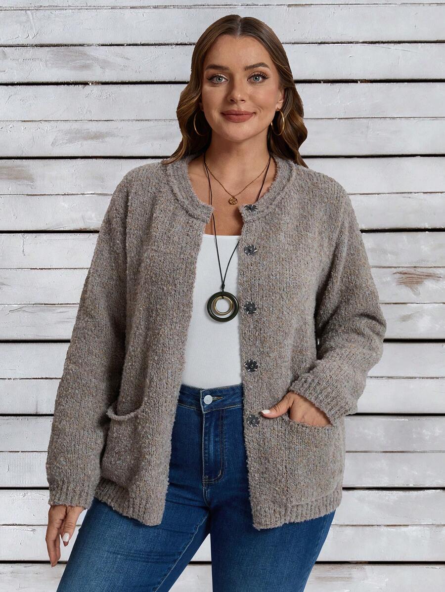 EMERY ROSE Plus Size Women's Solid Color Front Button Long Sleeve Casual Top - Khaki - View 1