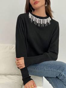 SHEIN Privé Women's Round Neck Long Sleeve Decorative Minimalist Sweater, Casual Daily Wear - Black - View 6