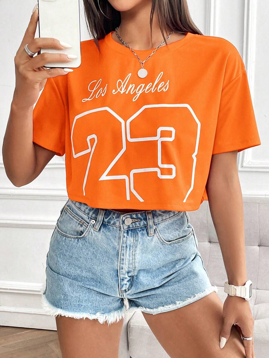 SHEIN EZwear Áo crop top in chữ và số màu cam giản dị dành cho nữ - trái cam - Xem 1