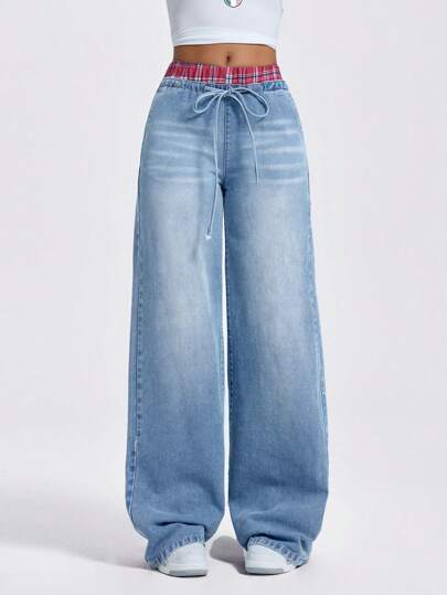 SHEIN ICON Fashionable Casual Plaid Patchwork Wide Leg Jeans Low Rise Straight Leg Baggy Jeans Women