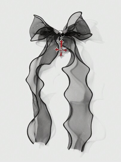 Kawaii 1pc Y2K Soft Grunge Retro Fashion Gothic Dark Style Black Tulle Bow Crystal Wings Cross Hair Claw Clip, Suitable For Women Daily Wear, Holiday Gift