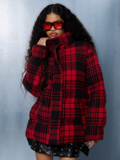 SUMWON WOMEN Chaqueta de invierno acolchada a cuadros de búfalo, abrigo de plumón acolchado y abrigado, con cuello alto, talla grande, aislado para esquiar y la nieve