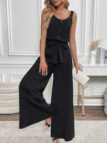 INAWLY Mono informal de pierna ancha de unicolor para mujer