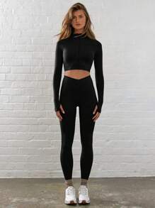 Musera Sport Full Zip Through Thumb Hole Stand Collar Cropped Jacket , Padel, Tennis, Pickleball Gym Fitness Fall  Yoga Pilates Daily Casual - Black - View 4