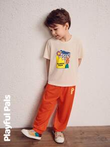 SHEIN 2 Pcs Young Boys Sets Fun Geometric Pattern Basic Casual Short-Sleeve T-Shirt & Sweatpants Suits Cute/Retro/Casual/Outing Spring/Summer Suitable For School And Outings - Orange - View 4