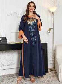 Al Najma 亮片玫瑰花卉撞色喇叭袖阿拉伯连衣裙，秋冬，端庄 - 彩色 - 查看 4