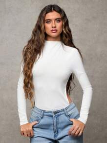 SHEIN BAE Women's Autumn Simple Versatile Tight Backless High Collar Bodysuit, Suitable For Casual, Dating And Everyday Wear