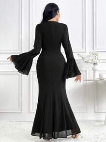 Modelyn Đầm dạ hội dài tay cổ tròn màu trơn cho nữ - màu đen - Xem 2