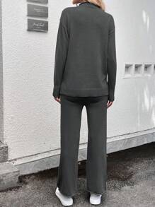 SHEIN LUNE 高领落肩长袖毛衣+阔腿针织裤休闲出门装宽松法式秋冬