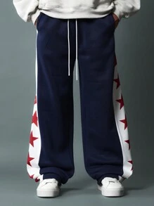 SUMWON 优质运动星形侧条纹阔腿运动裤冬季休闲运动家居服训练锻炼运动休闲街头篮球裤 - 藍色 - 查看 4