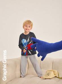 男童印花圆领长袖上衣和裤子家居服套装 - 灰色 - 查看 1