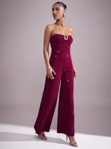 Hauture Gold Trim Metallic Knit Strapless Wide Leg Jumpsuit, Holiday Party Outfit - Red - View 3