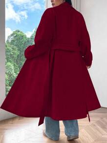 Flirla Plus Size Women Lapel Front Open Drop Shoulder Long Coat With Belt - Burgundy - View 2