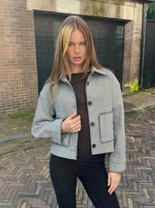 SHEIN EZwear 灰色女士夹克，带花卉装饰，长袖，有口袋，秋冬 - 灰色 - 查看 7