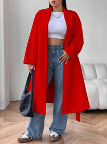 Flirla Plus Size Lapel Front Open Dropped Shoulder Belted Coat - Red - View 4
