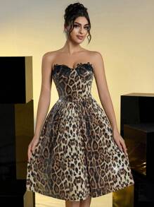 SHEIN Belle Vestido elegante y lujoso de gala de línea A con estampado de leopardo de lentejuelas, vestido para invitada de boda