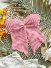 Soleia 女士粉色针织纹理抹胸，带扭曲细节和不对称下摆，度假装 - 粉色 - 查看 1