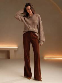 Anewsta Perforated Pattern Knit Casual Oversized Sweater Knit Pullover Fall Winter - Khaki - View 6