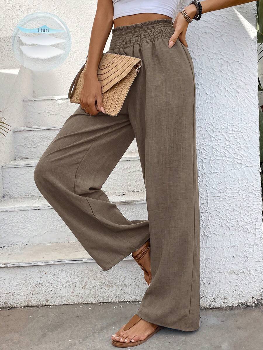 EMERY ROSE Women Fashionable Wide Leg High Waisted Straight Pants With Flower Gauze Fabric Fall Cloth For Women - Camel - View 1