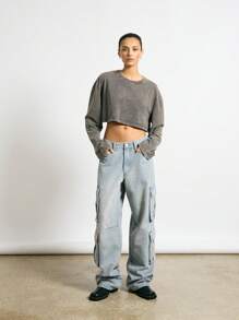 AiiRZ Oversized Crop Long Sleeve T-Shirt With Foil Graphic Back Print - Grey - View 6