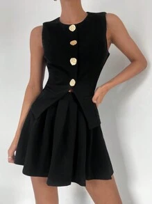 SHEIN Essnce Women Solid Color Front Button Sleeveless Vest And Skirt Suit Set, Minimalist Style - Black - View 2