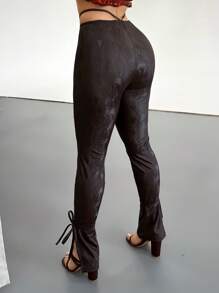 SHEIN SXY Women's Sexy & Elegant Animal Print High Waist Tie Waist PU Leggings - Black - View 2