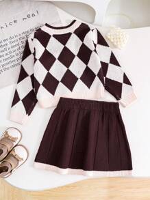 SHEIN Leap Crew Bộ áo khoác cardigan kẻ caro cổ chữ V và váy chữ A cho bé gái, phong cách thường ngày đi học, mùa thu/đông - Nhiều màu - Xem 2