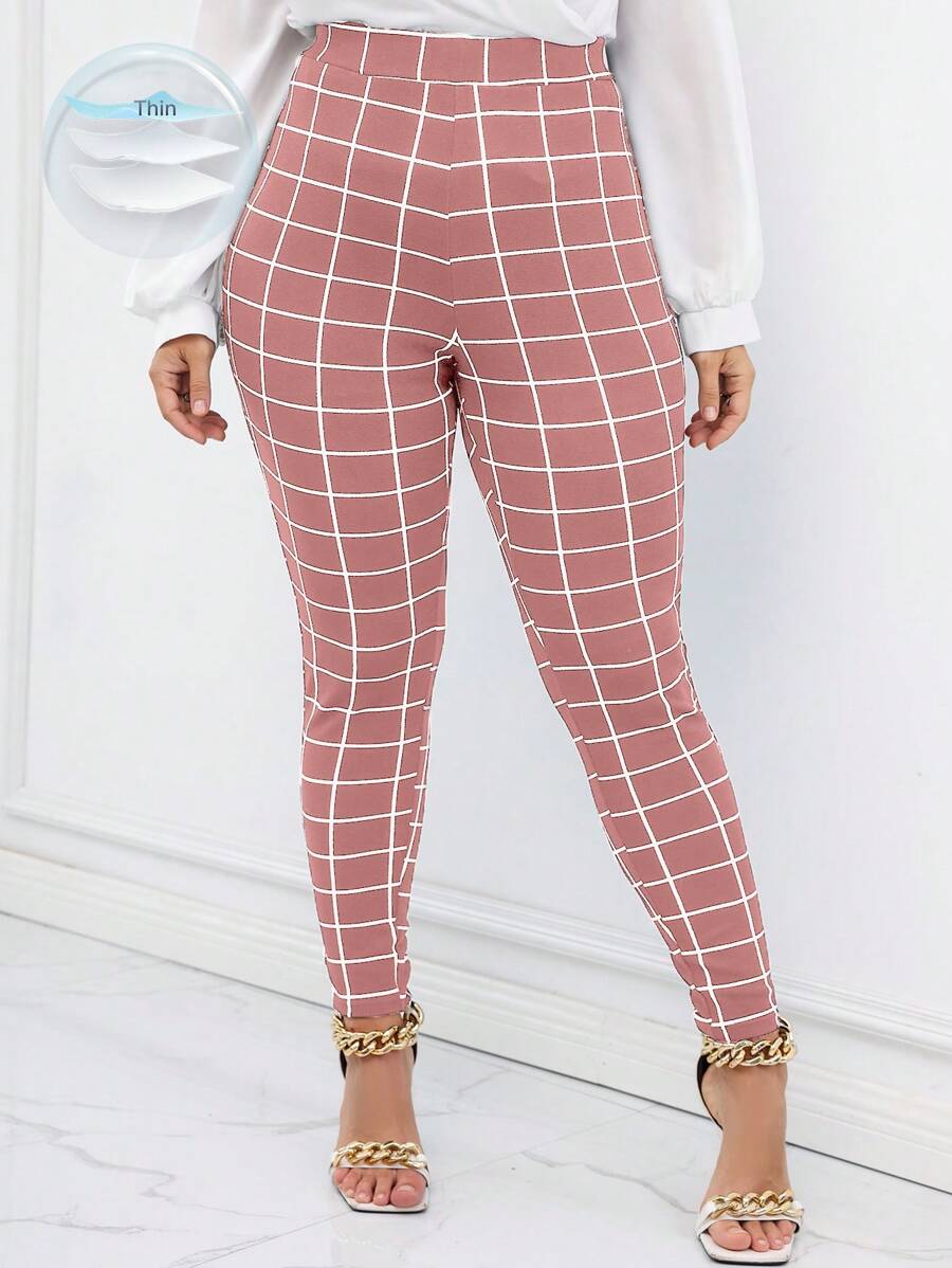 EMERY ROSE Plus Plaid Print Skinny Pants Fall Cloth For Women - Pink - View 1
