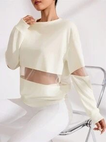 SHEIN Sports Casual Minimal Sheer Mesh Splice Sporty Sweatshirt - Beige - View 4