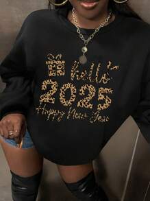 Slaydiva 新年快乐！2025 豹纹英文字母和数字图案休闲简约图案圆领宽松女式运动衫，秋冬