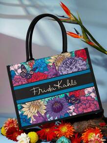 Frida Kahlo X SHEIN 1 Pc Stylish Floral Print Large Capacity Tote Bag, GIFTS,Summer Outfits, Spring Outfits,Beach, Vacation, Flower - Multicolor - View 2