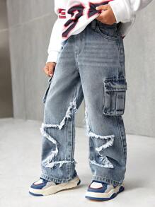SHEIN X JIMENA & MATEO Young Boys Distressed Fashionable Star Patchwork Retro Loose Fit Blue Jeans With Cargo Pocket,For Kids Fall/Winter Daily Wear Outfits