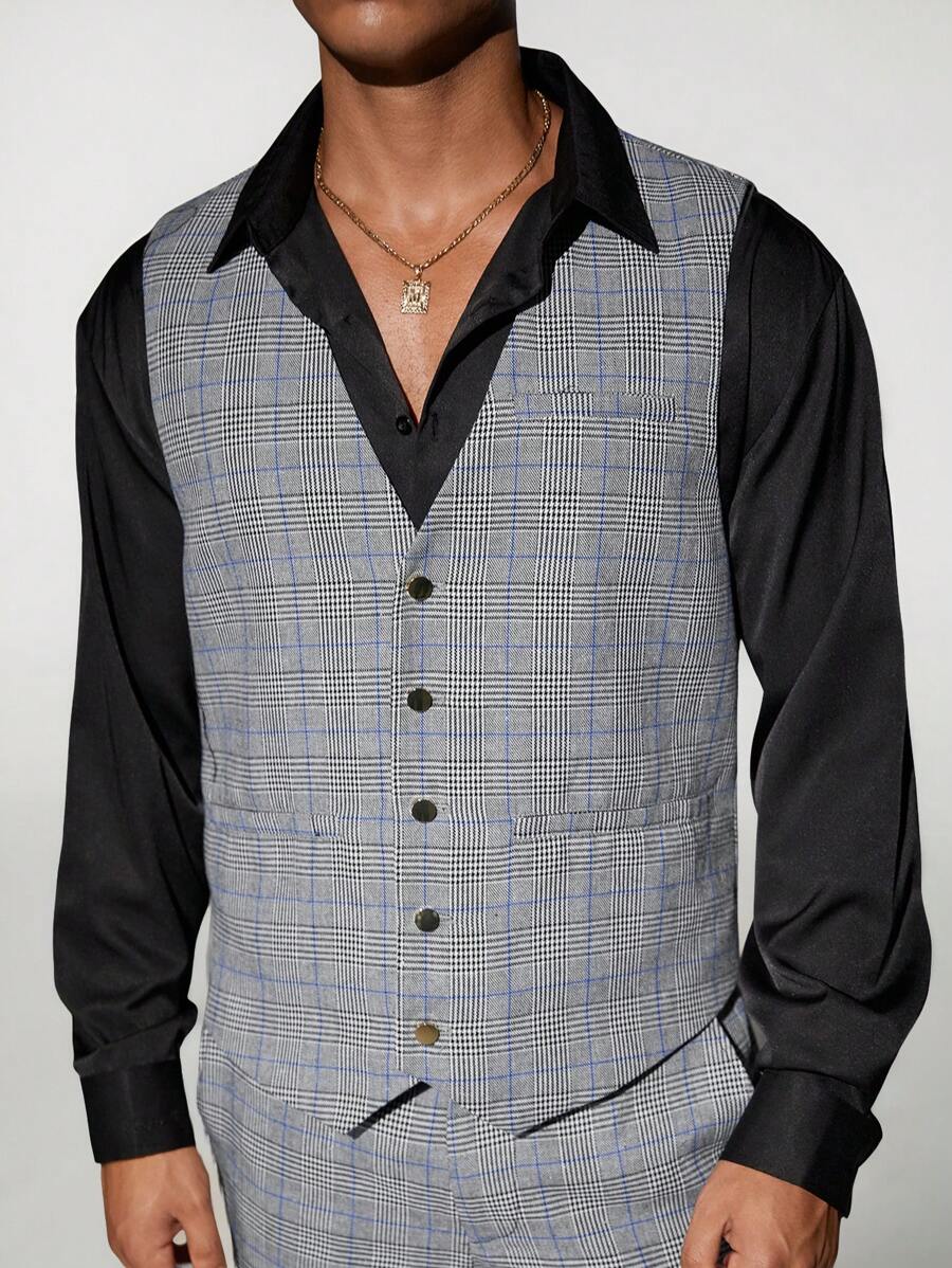 Manfinity VCAY Chaleco sin mangas casual de tela a cuadros de corte ajustado para hombre - Gris - Ver 1
