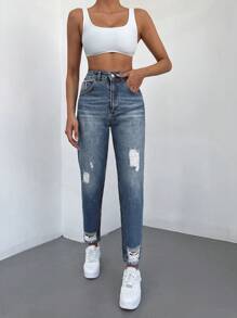 RueChic 高腰破洞媽媽牛仔褲 - 中等水洗藍 - 查看 3