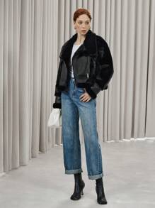 Aveloria Modichic 女士纯色貂皮天鹅绒拼接 PU 皮夹克，秋冬摩托车外套仿皮飞行员夹克，带博格衬里 - 黑色 - 查看 5