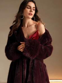 Anewsta 秋冬新款人造皮草大衣，优雅女士长款皮草夹克，简约时尚外套 - 酒紅色 - 查看 2